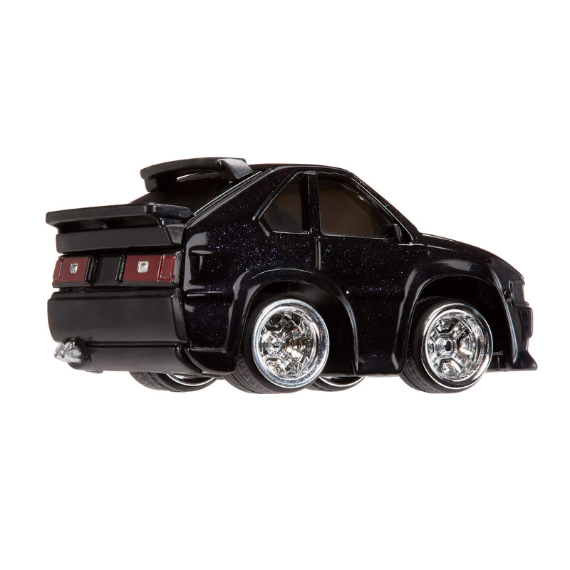 Purple toy car with shiny rims on a white background