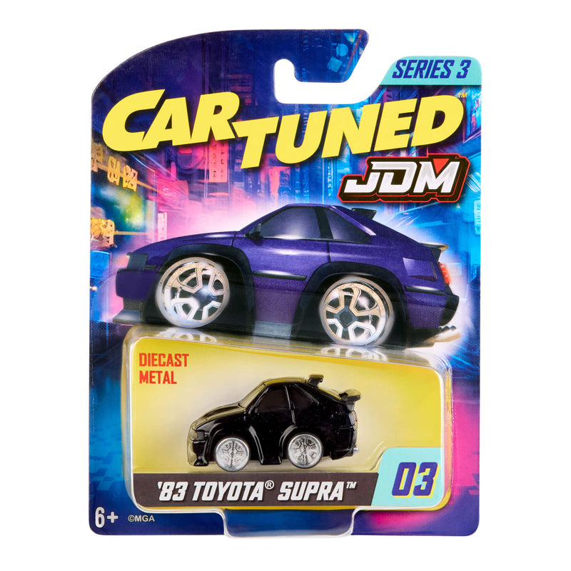 Toy car packaging with 'Cartuned' branding and a '83 Toyota Supra' model.