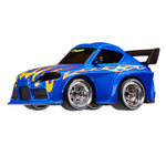 Blue toy car with flame design on a white background