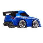 Blue toy car with flame design and a black spoiler on a white background