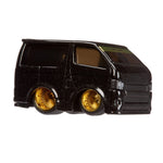 Black Toyota HiACE van with gold wheel rims on a white background