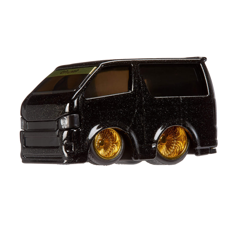 Black van with gold rims on a white background