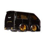 Black toy van with gold rims on a white background