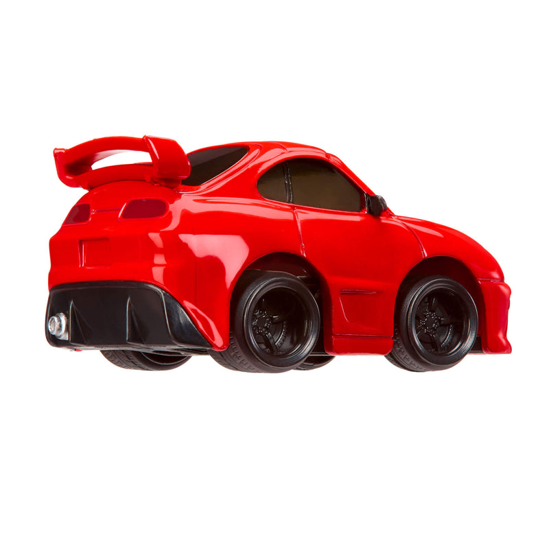 Red toy car with black wheels on a white background