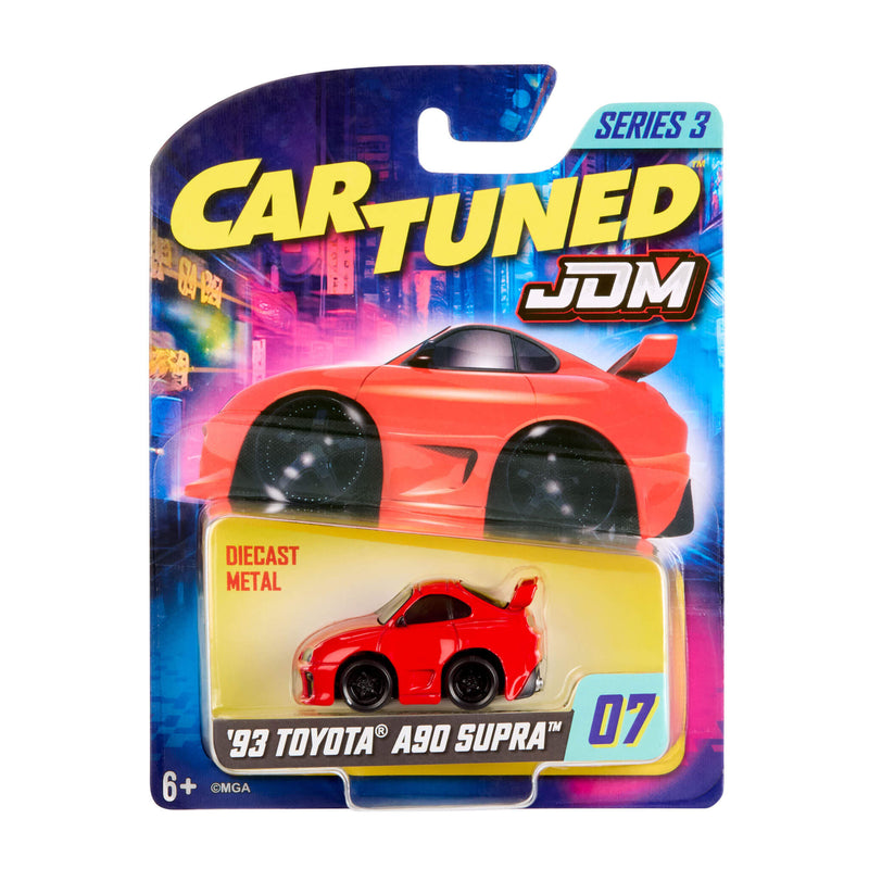 Cartuned JDM toy car packaging with a red '93 Toyota A90 Supra' diecast metal car.