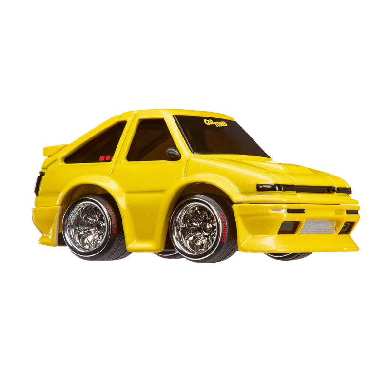 Yellow toy car with chrome wheel rims on a white background