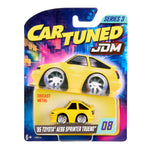 Toy car packaging with 'Car Tuned' and 'JDM' branding on a colorful background