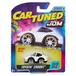 Toy car packaging with 'Car Tuned' and 'JDM' branding on a colorful background