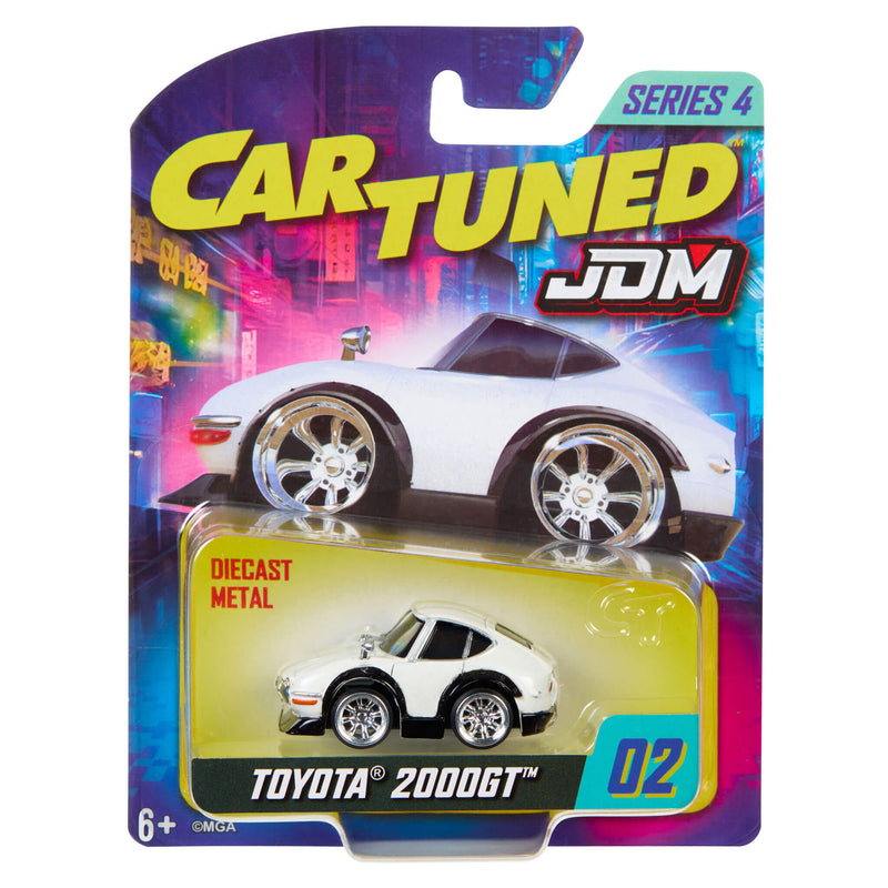 Toy car packaging with 'Car Tuned' and 'JDM' branding on a colorful background