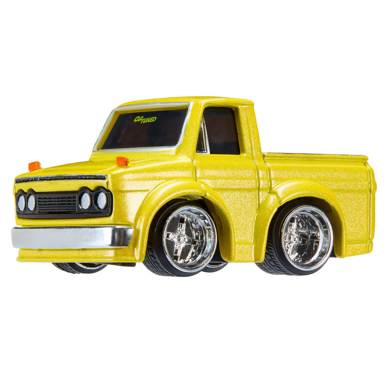 Yellow toy truck with chrome details on a white background