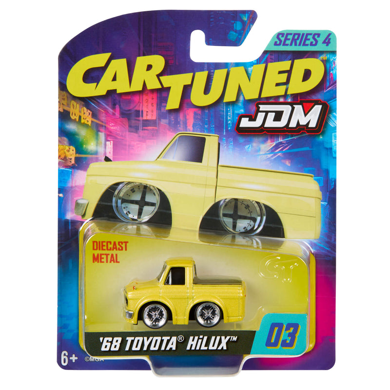 Yellow toy truck in packaging with 'Car Tuned' and 'JDM' branding.