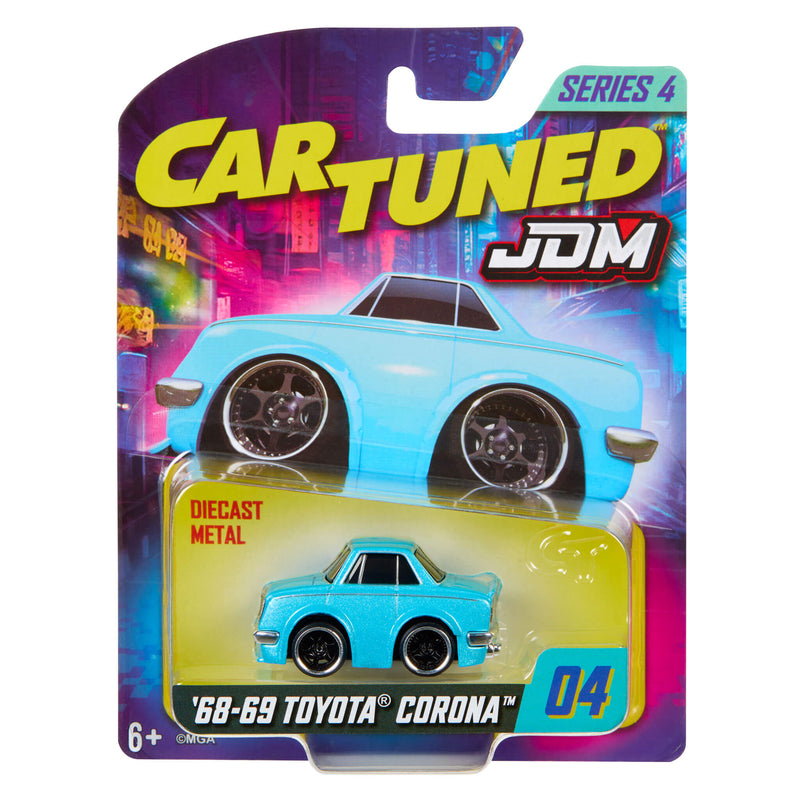 Toy car packaging with 'Car Tuned' and 'JDM' branding on a colorful background