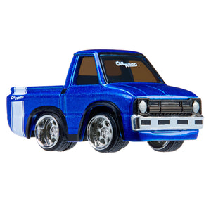 Blue toy truck with chrome details on a white background