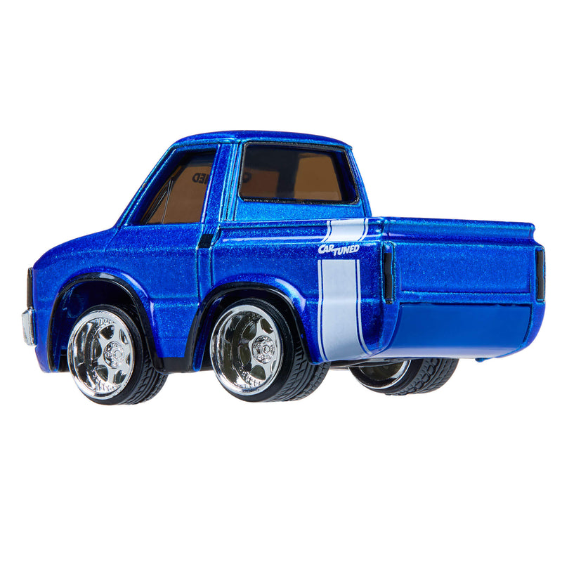 Blue toy truck with white stripes on a white background