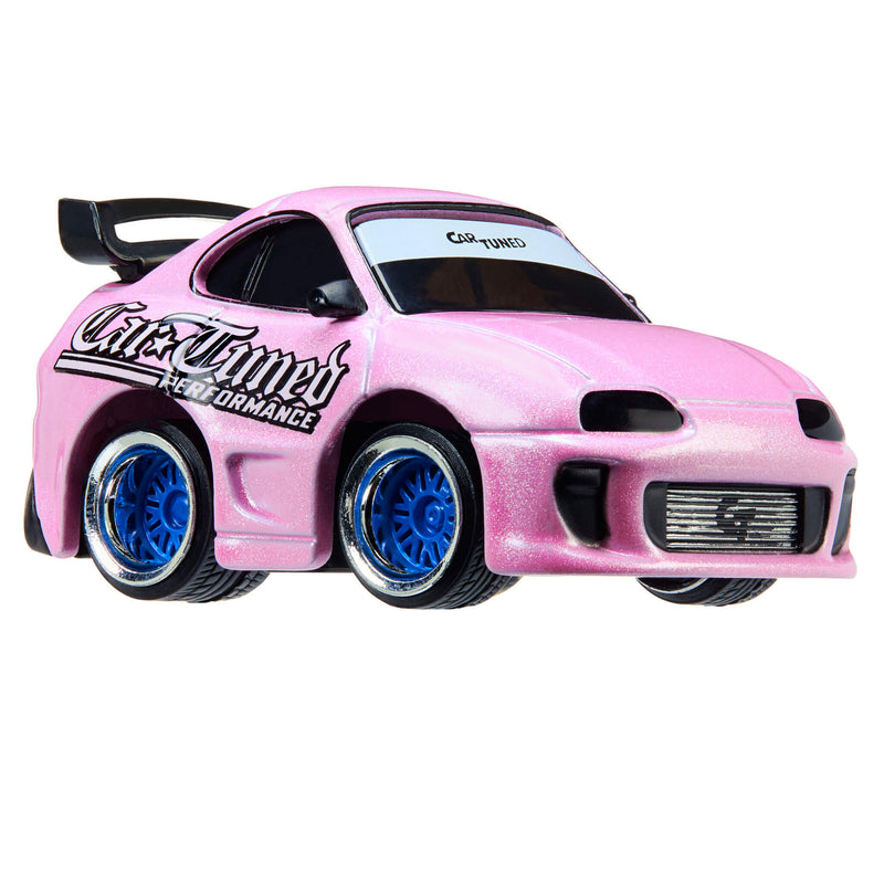 Pink toy car with blue wheel rims on a white background