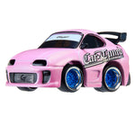 Pink toy car with blue wheel rims on a white background