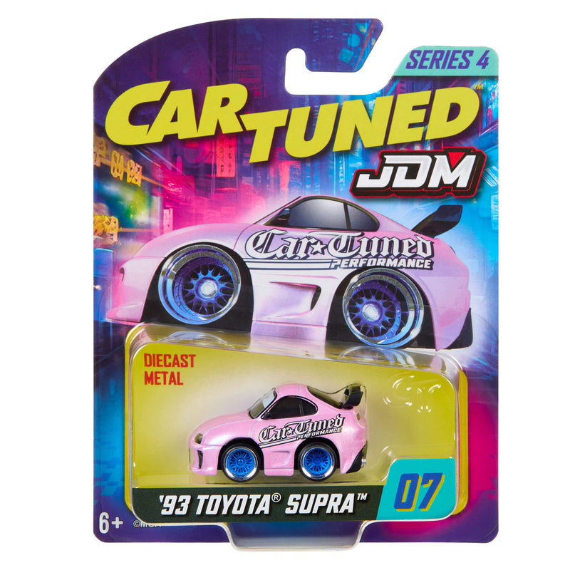 Cartuned JDM toy car packaging with a pink '93 Toyota Supra', Series 4, on a white background.
