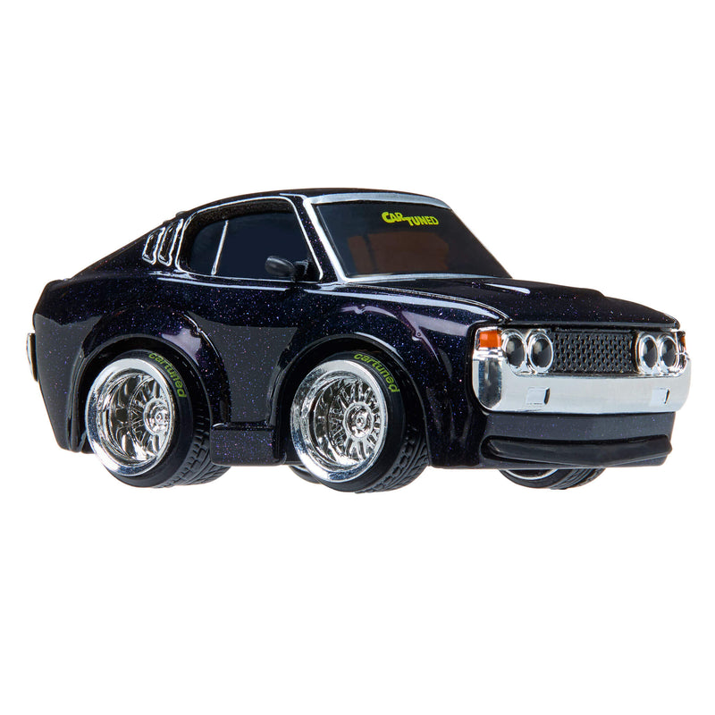 Dark purple toy car with speckles on a white background