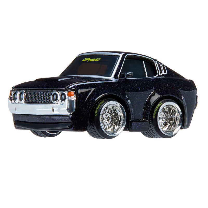 Dark purple model car with chrome details on a white background