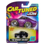 Toy car packaging with 'Car Tuned JDM' branding and a dark purple toy car inside.