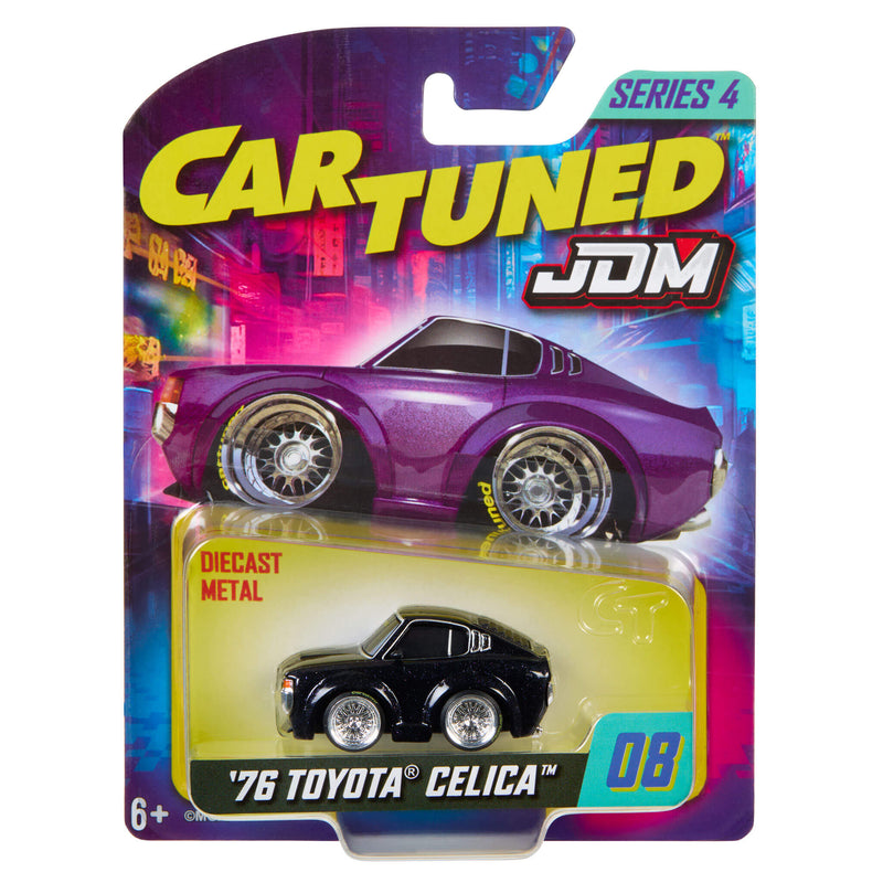 Toy car packaging with 'Car Tuned JDM' branding and a dark purple toy car inside.