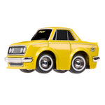 Yellow toy car with black windows on a white background