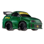 Green toy car with black wheels on a white background