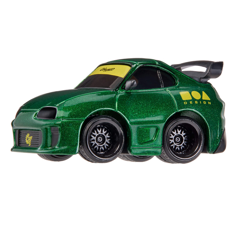 Green toy car with BOA Design branding on a white background