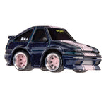 Blue speckled car with pink stripe down middle on a white background