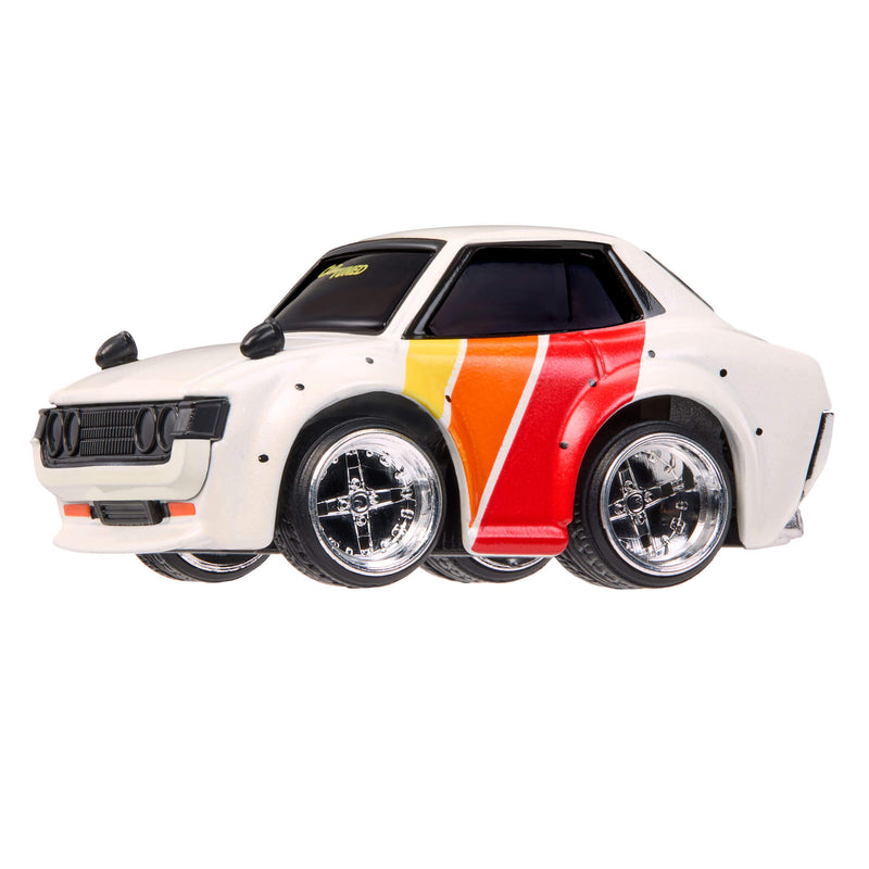 White car with red, orange and yellow stripes on side on a white background