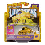 Yellow toy car in packaging with 'Cart Tuned Lowriders' branding