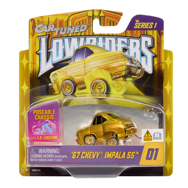 Yellow toy car in packaging with 'Cart Tuned Lowriders' branding
