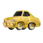 Gold toy car with black windows on a white background