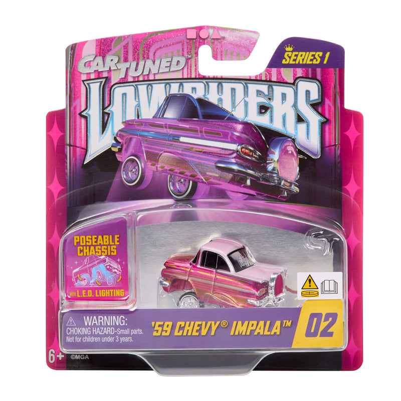 Toy car packaging for a '59 Chevy Impala with 'Cartuned Lowriders' branding.