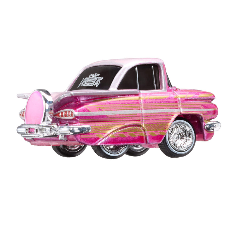 Model car with pink and white design  with Lowriders text on back window on a white background