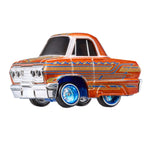 Model car with orange body and blue wheel rims on a white background