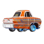 Model of a classic car with orange and blue design on a white background