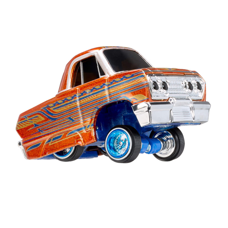 Model car with orange and blue design, front end lifted up on a white background