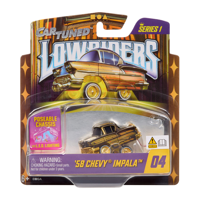Toy car packaging featuring a '58 Chevy Impala with 'Cartuned' branding on a white background.