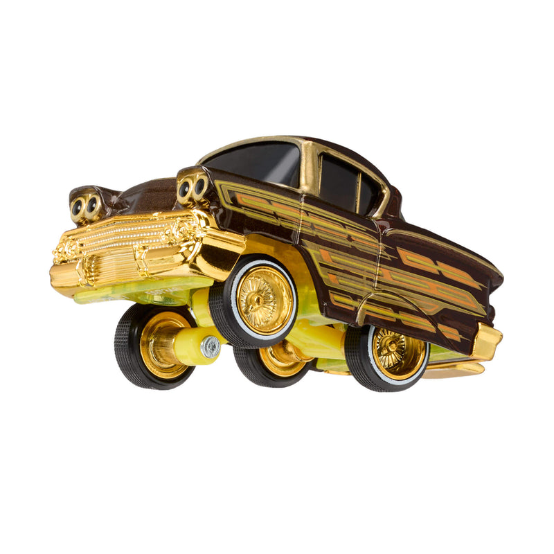 Toy car with front end lifted up on a white background