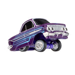 Car with a purple and blue color scheme , with front end lifted up on a white background