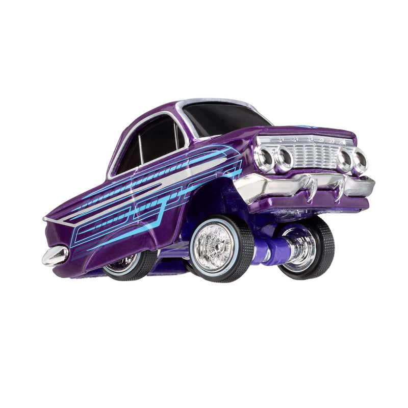 Car with a purple and blue color scheme , with front end lifted up on a white background