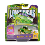 Toy car packaging featuring a green '57 Chevy Bel Air model with branding and product details.