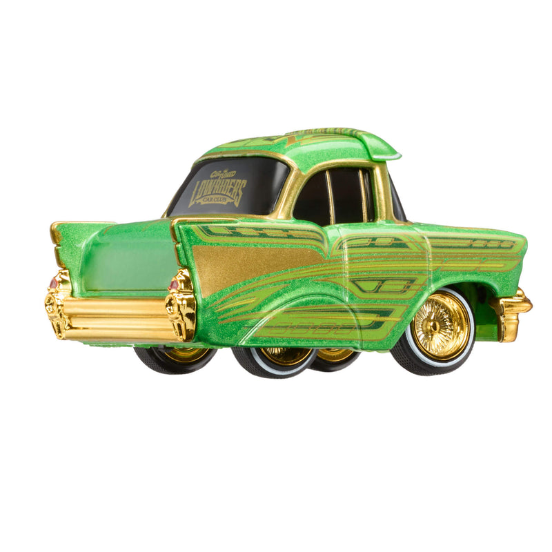 Green and gold toy car on a white background with Lowriders on back window
