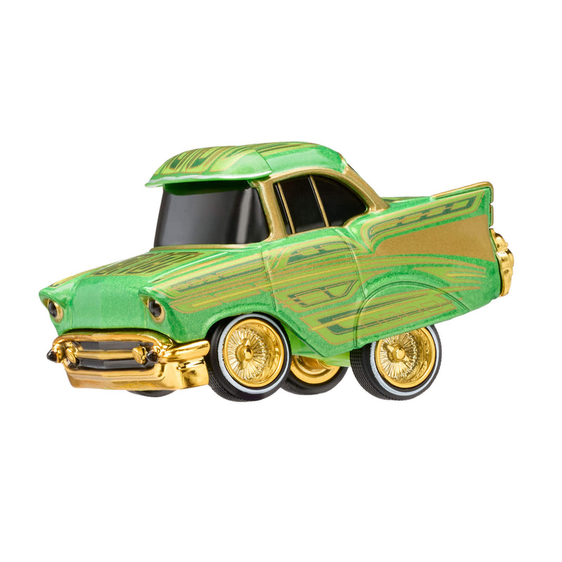Green and gold toy car on a white background with back end higher then the front