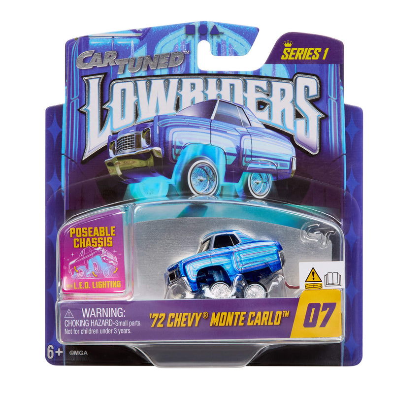 Car Tuned Lowriders '72 Chevy Monte Carlo toy car in packaging on a white background