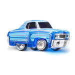 Blue toy car with blue glowing effect on a white background