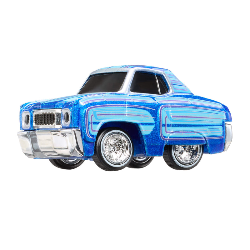 Blue toy car with light blue and purple stripes on a white background