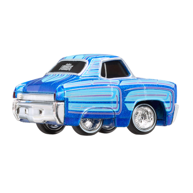 Blue toy car with a shiny finish on a white background