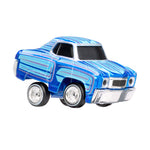 Blue toy car with back end raised on a white background